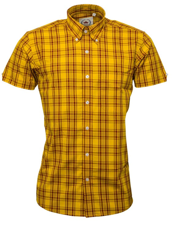 Relco Mens Mustard & Burgundy Checked Short Sleeved Button Down