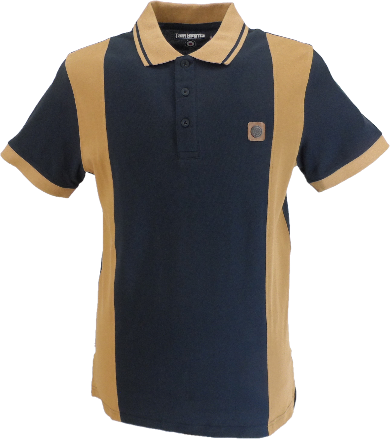 Lambretta Navy Blue Tobacco Brown Vintage Panel Polo Shirts Mazeys UK