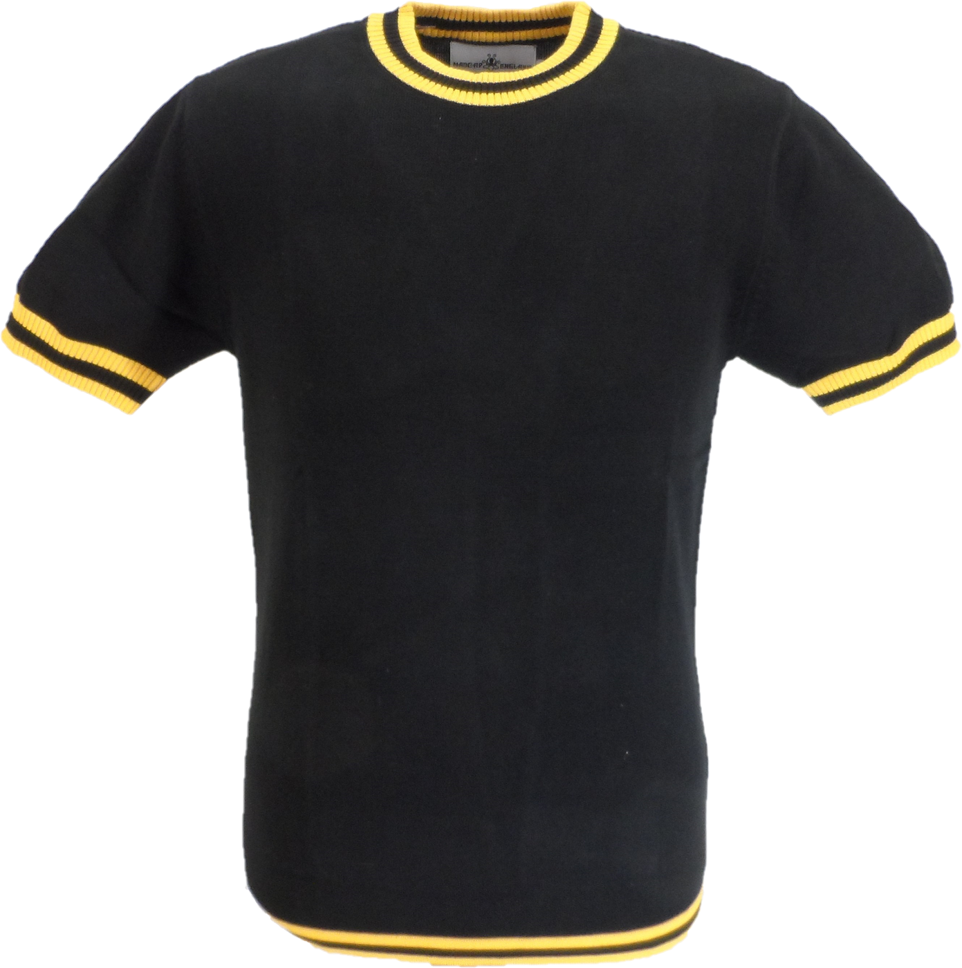 Madcap England Mens Black Gold Stripe Short Sleeve Mod Knit Jumper Mazeys UK