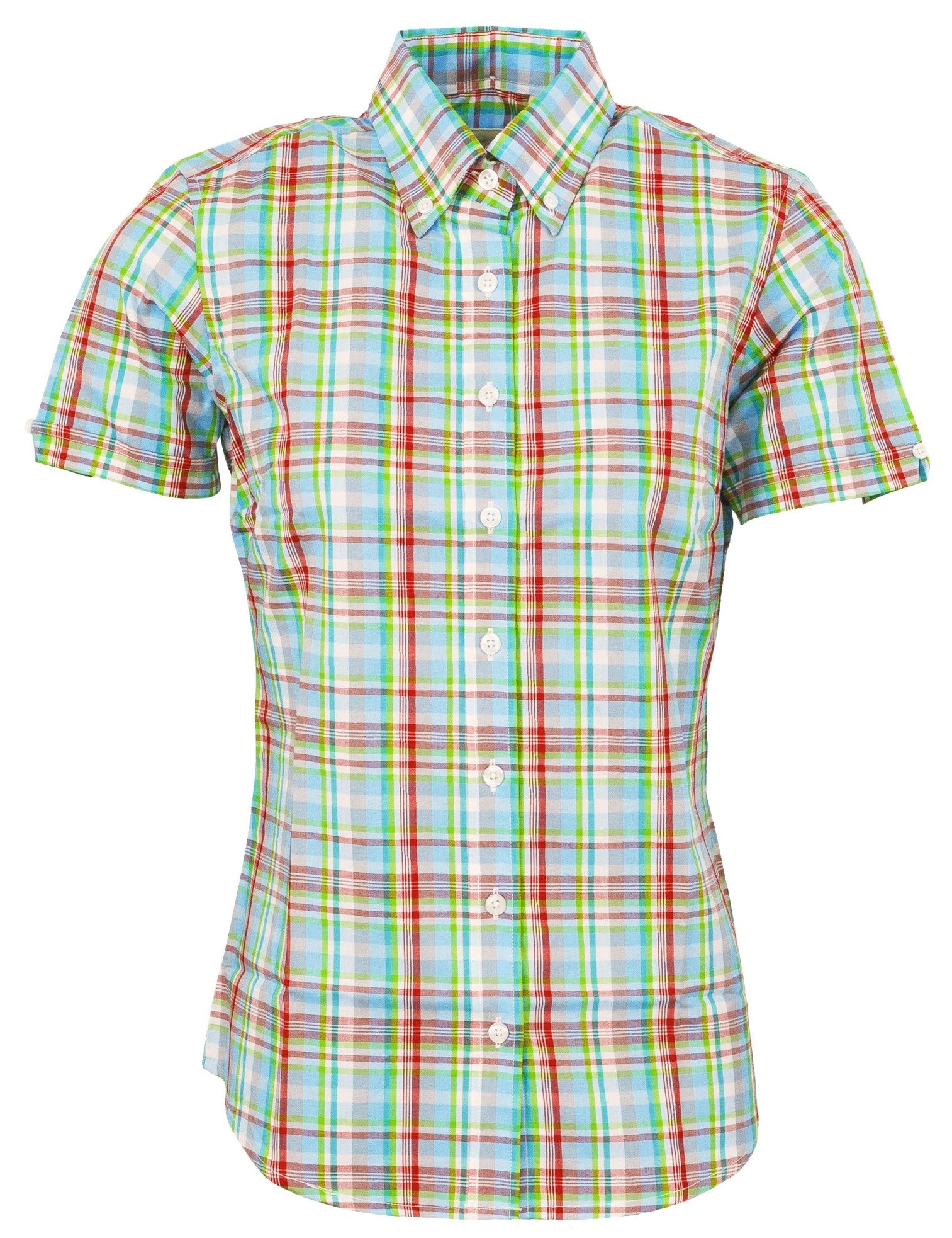 Relco Retro Green Check Ladies Button Down Short Sleeved Shirts