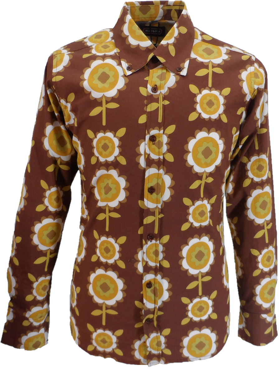 Run Fly hombres 60s 70s retro psicodelico camisa de flores marron Mazeys Mazeys UK