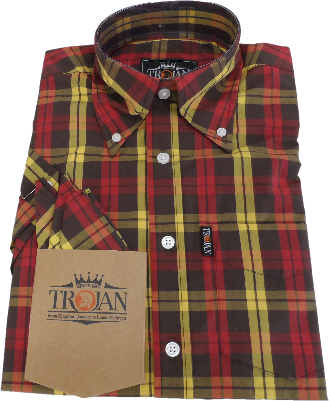 Trojan Mens Brown Check 100% Cotton Short Sleeved Shirts and Pocket Square