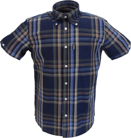 Trojan Mens Navy Check 100% Cotton Short Sleeved Shirts and Pocket Square