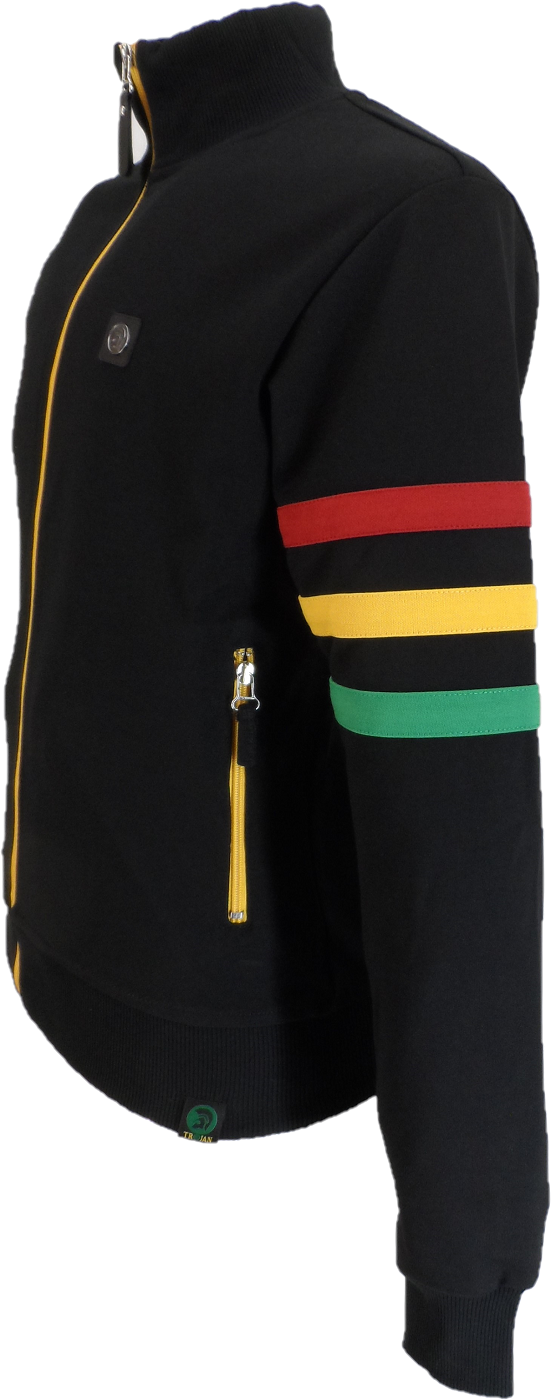 Trojan Mens Black Rasta Stripe Sleeve Retro Track Tops