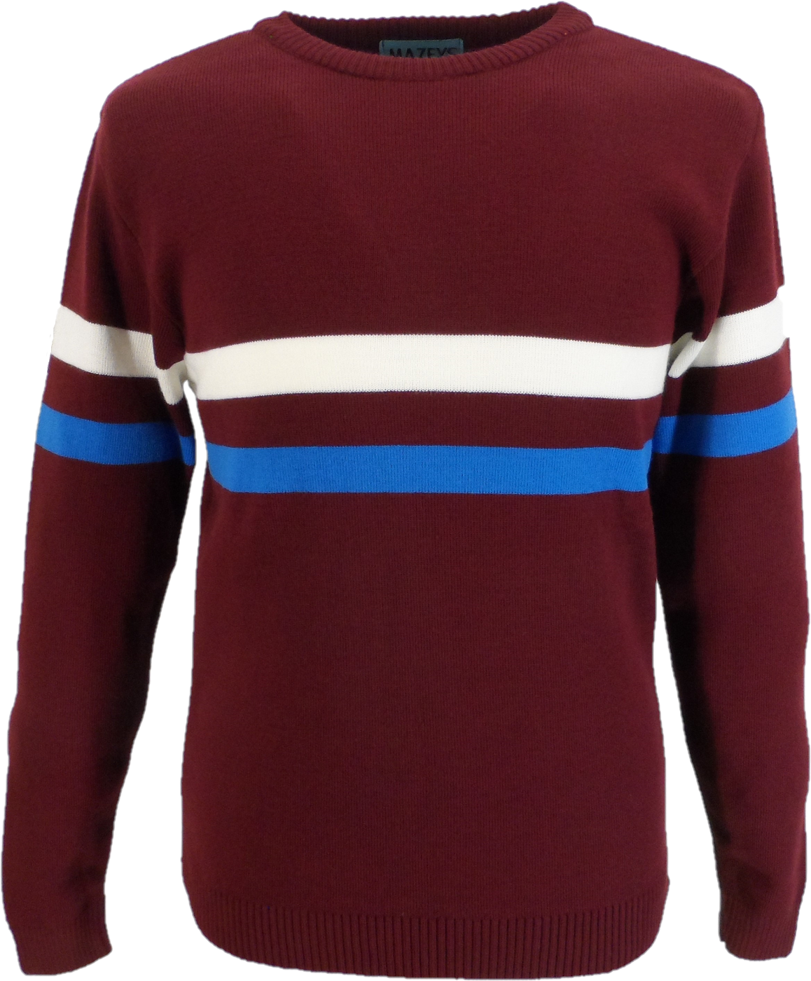 Mazeys Mens Port Red Horizontal Stripe Crew Neck Jumper