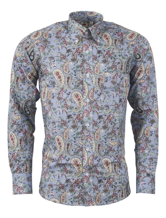 Relco Light Blue Multi Paisley Long Sleeved Retro Mod Button Down Shirt