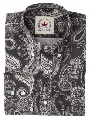 Relco Black Paisley 100% Cotton Long Sleeved Retro Mod Button Down Shirt