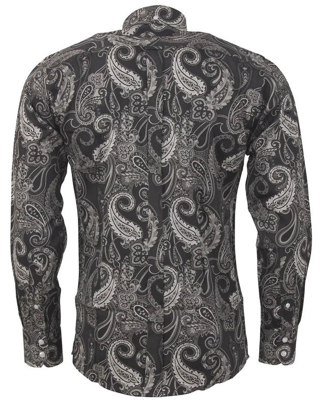 Relco Black Paisley 100% Cotton Long Sleeved Retro Mod Button Down Shirt