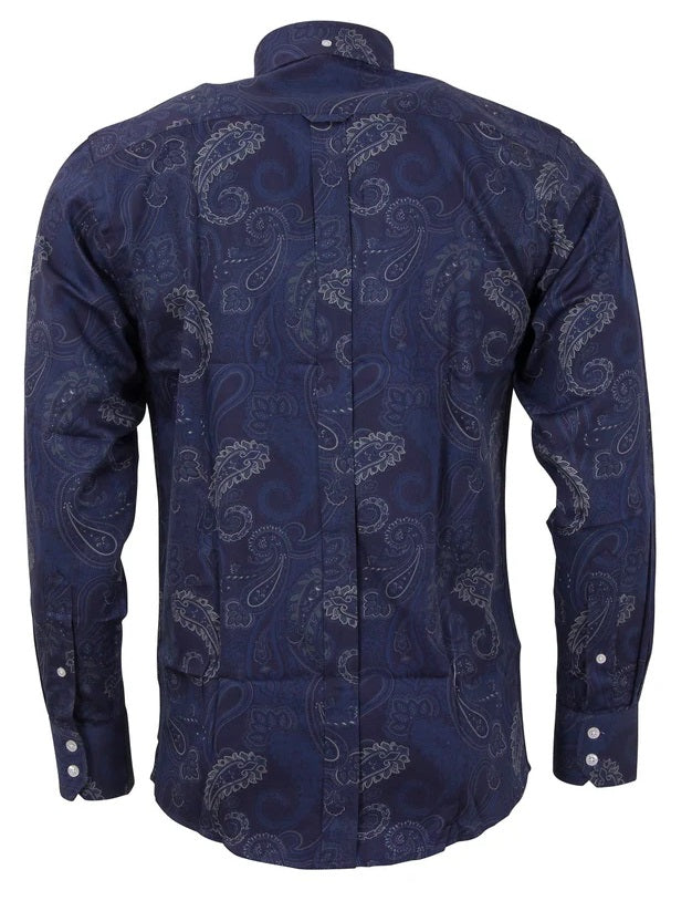 Relco Navy Blue Paisley 100% Cotton Long Sleeved Retro Mod Button Down Shirt