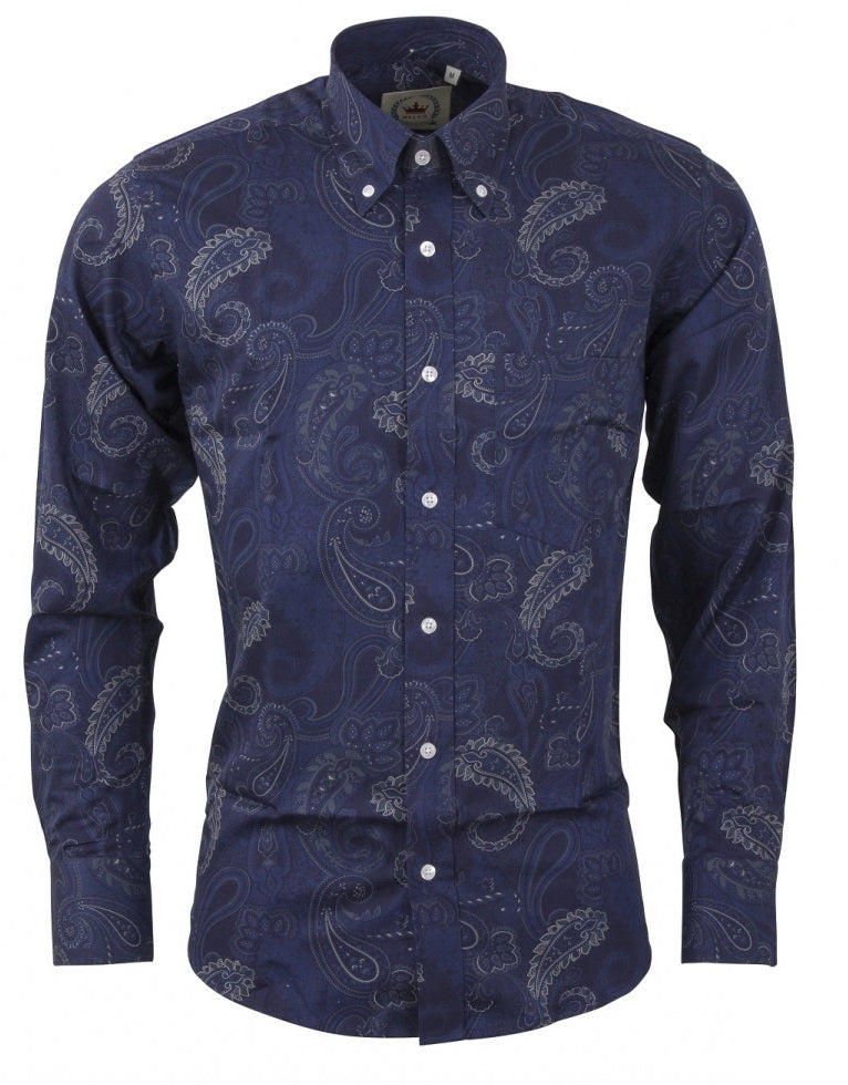 Relco Navy Blue Paisley 100% Cotton Long Sleeved Retro Mod Button Down Shirt