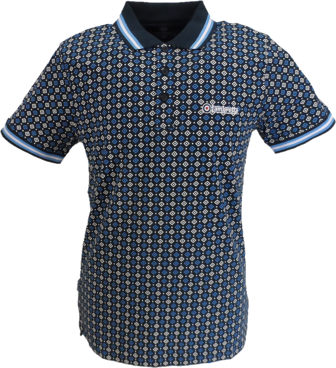 Lambretta Mens Navy Blue Geometric Print Cotton Polo Shirts