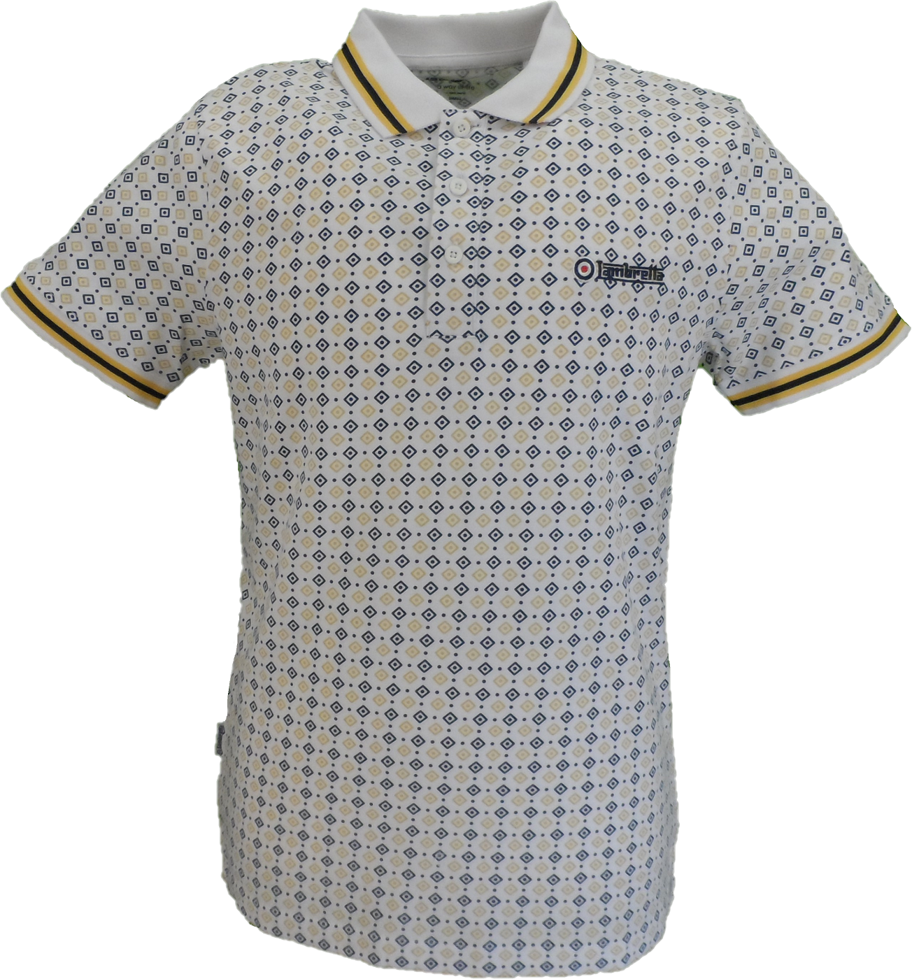 Lambretta Mens White Geometric Print Cotton Polo Shirts