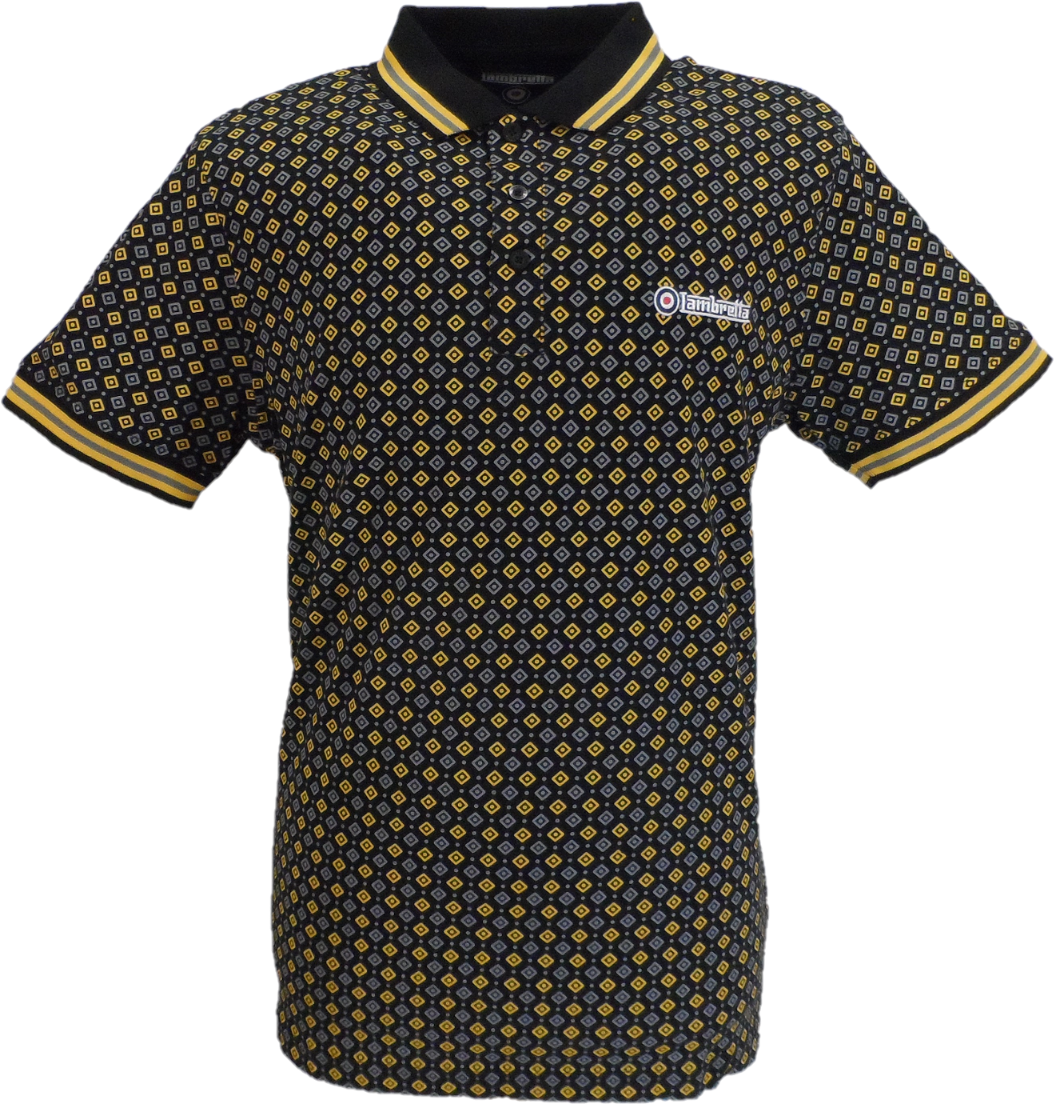 Lambretta Mens Black Gold Geometric Print Cotton Polo Shirts