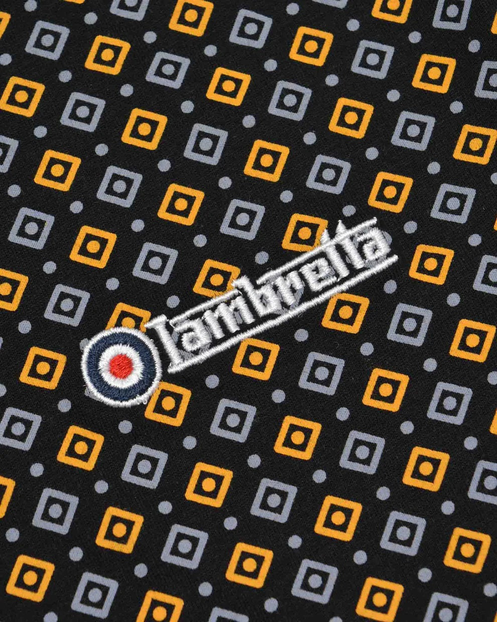 Lambretta Mens Black Gold Geometric Print Cotton Polo Shirts