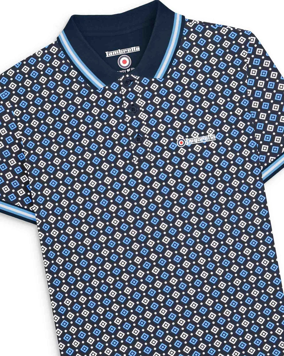 Lambretta Mens Navy Blue Geometric Print Cotton Polo Shirts