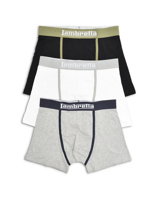 Lambretta Mens Black/Grey/White 3 Pair Pack Boxer Shorts