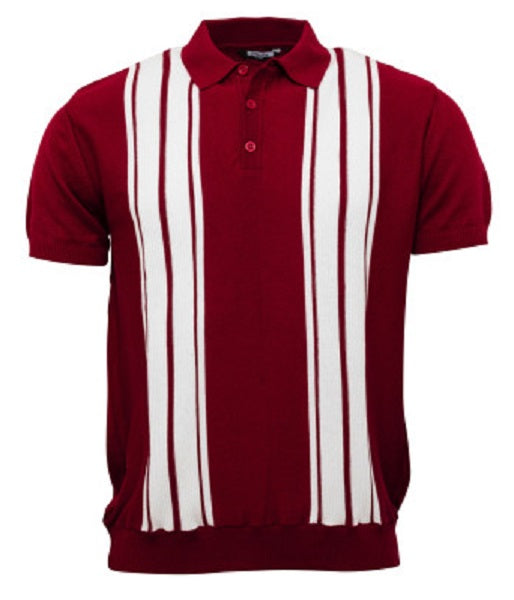 Relco Mens Burgundy Retro Striped Knitted Polo Shirts