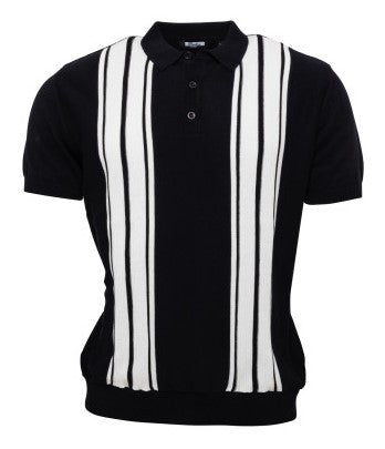 Relco Mens Navy Blue Retro Striped Knitted Polo Shirts