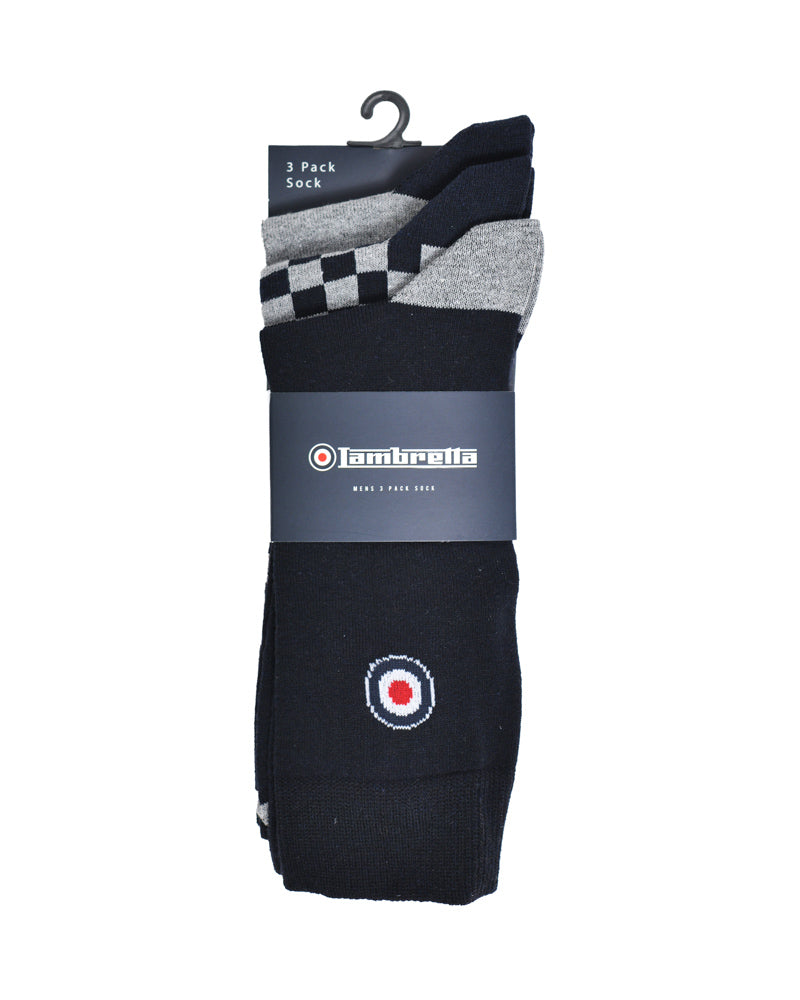 Lambretta Mens 3 Pair Grey/Navy Pack of Retro Socks