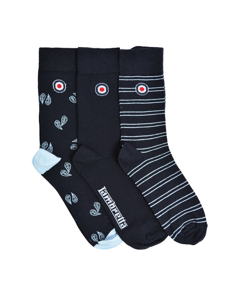 Lambretta Mens 3 Pair Pack of Navy/Grey Retro Socks