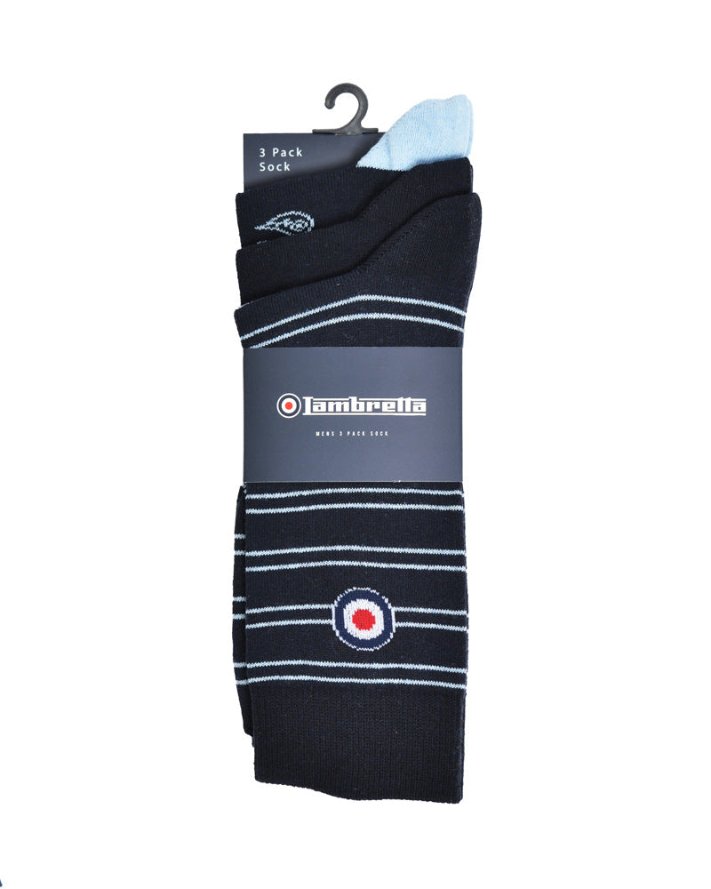 Lambretta Mens 3 Pair Pack of Navy/Grey Retro Socks