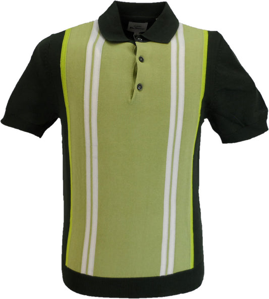 Ben Sherman Camo Green Knitted Striped Mod Polo Shirt