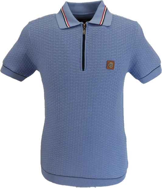 Trojan Mens Sky Blue Zip Basket Weave Zipped Knitted Polo Shirt