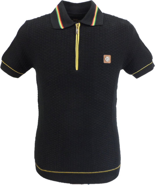 Trojan Mens Black Zip Basket Weave Zipped Knitted Polo Shirt