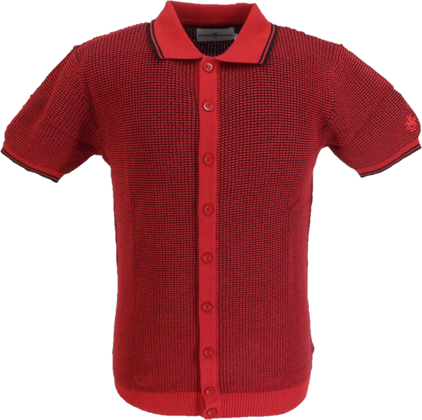 Madcap England Mens Red Retro Waffle Knitted Polo Cardigan