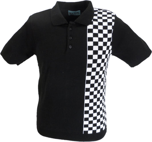 Mazeys Mens Black Chequerboard Knitted Polo Shirt