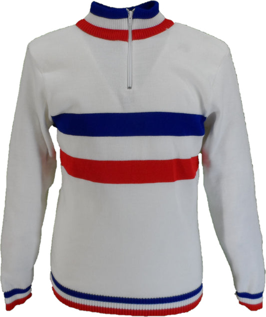 Mazeys Mens White Retro Stripe Knitted Cycling Top