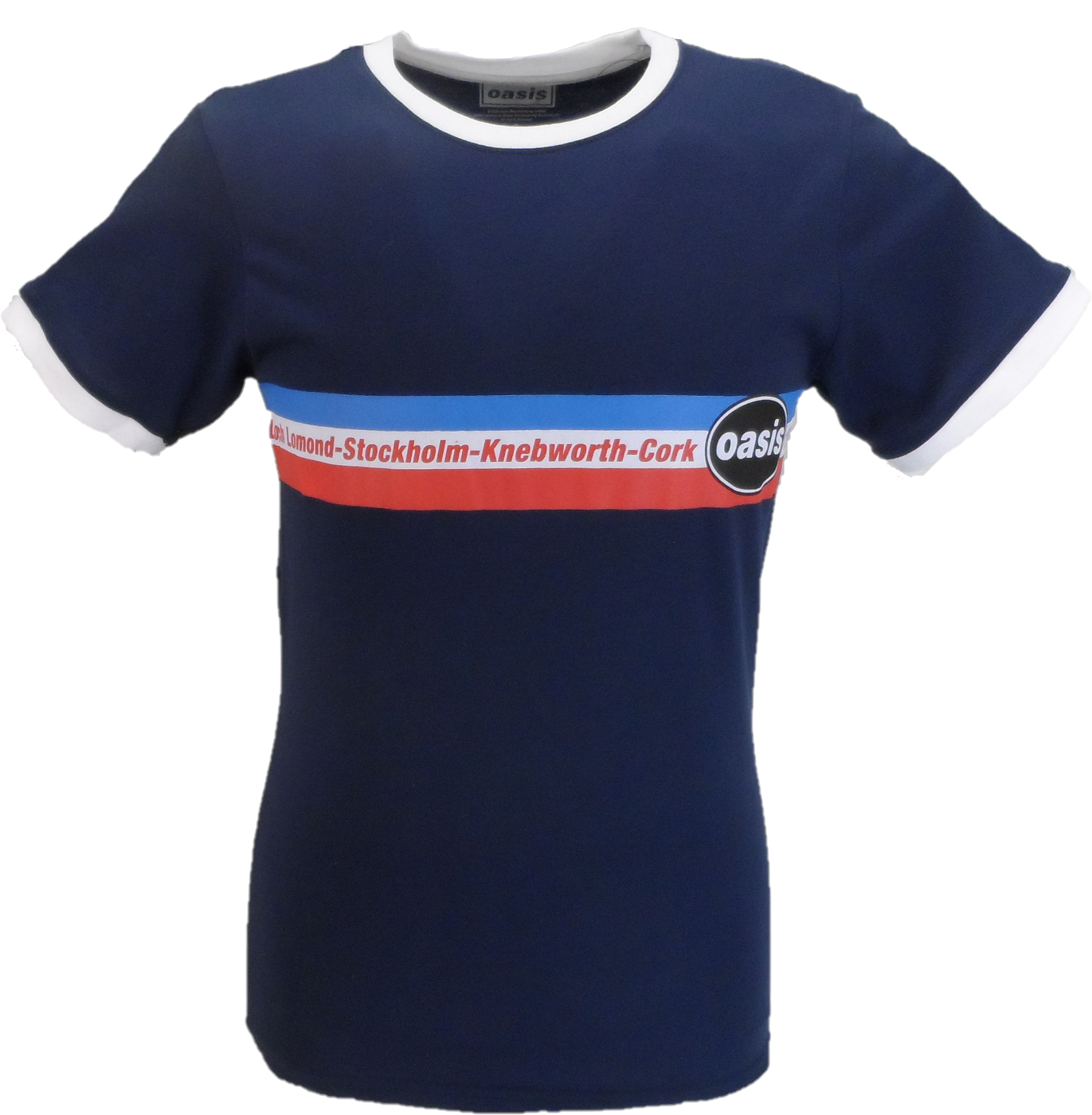 Mens Official Licensed Oasis Navy Blue Knebworth Stripe Ringer T Shirt