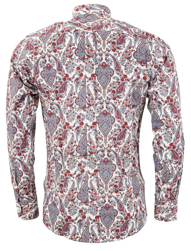 Relco White Red Blue Multi Paisley Long Sleeved Retro Mod Button Down Shirt