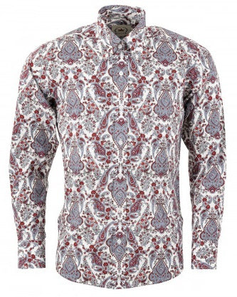 Relco White Red Blue Multi Paisley Long Sleeved Retro Mod Button Down Shirt