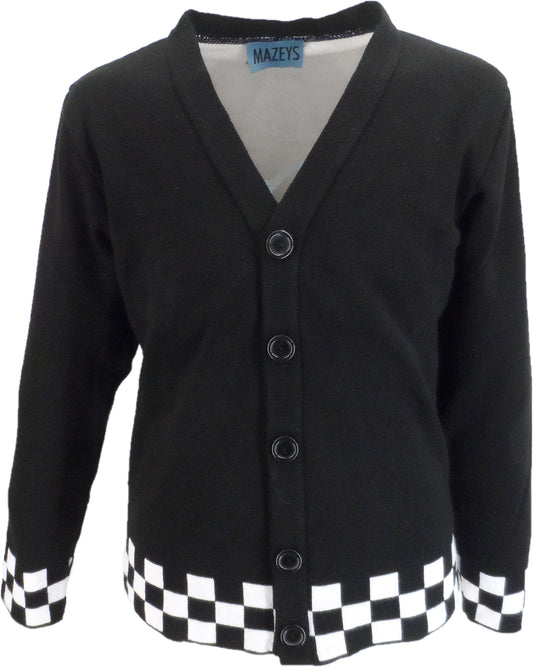 Mazeys Mens Black Classic Checkerboard Trim Cardigan