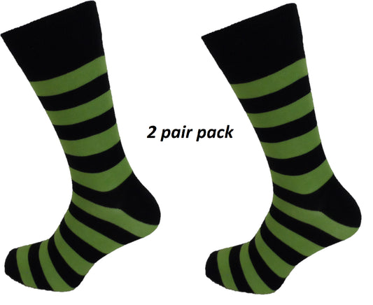 Mens 2 Pair Pack Green and Black Striped Retro Socks