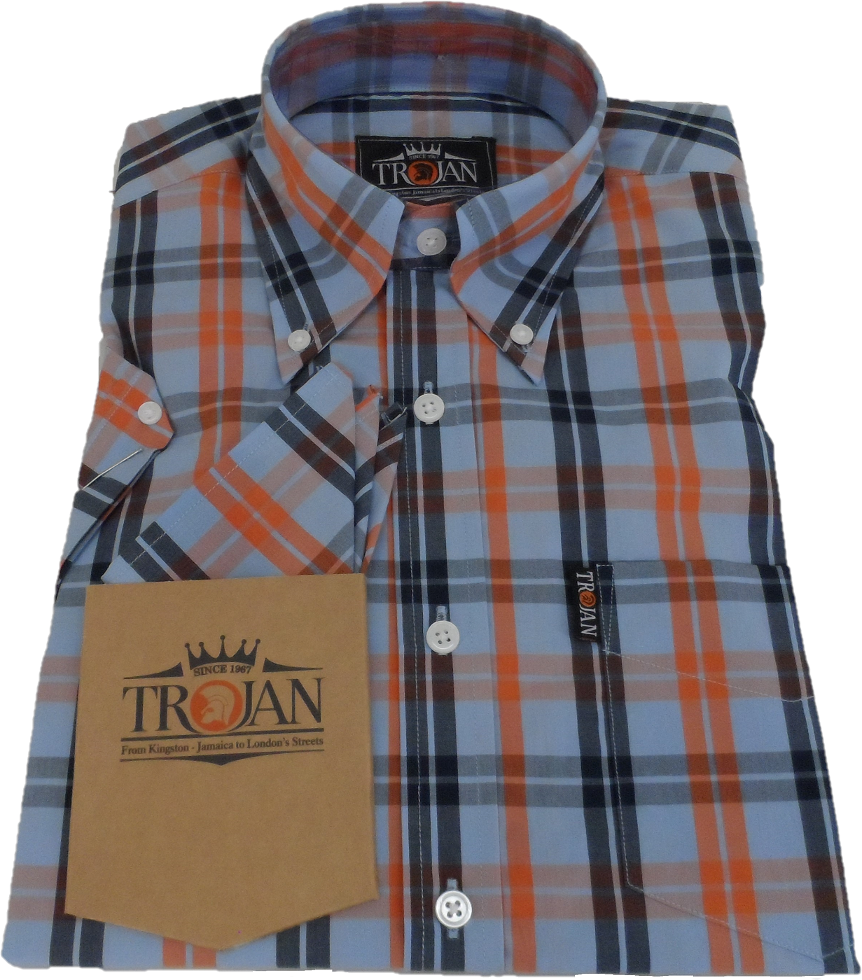 Trojan Mens Powder Blue Check Short Sleeved Shirts and Pocket Square