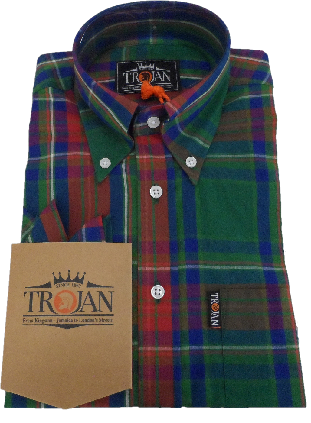 Trojan Mens Green Multi Check Short Sleeved Shirts and Pocket Square