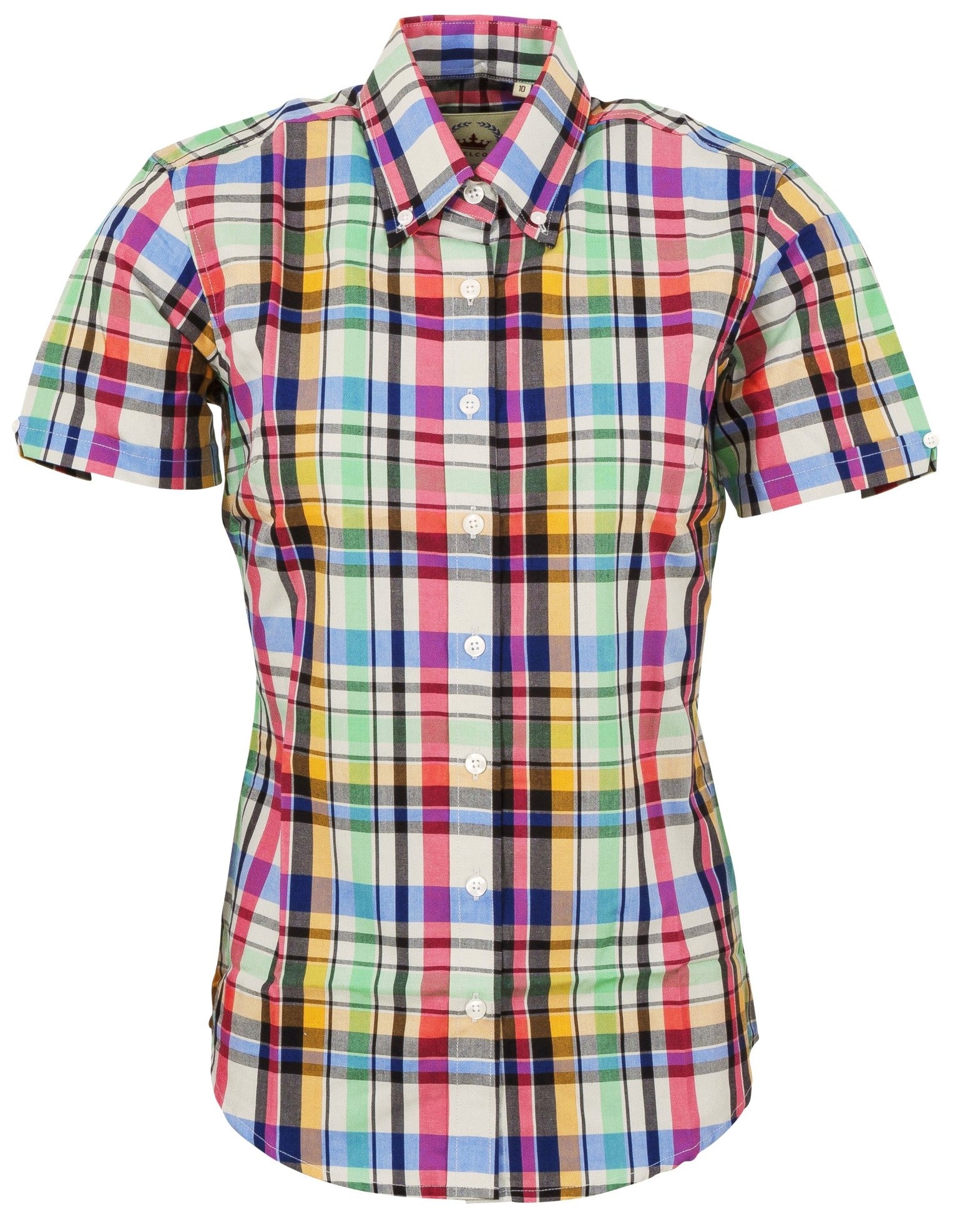 Relco Retro Green Check Ladies Button Down Short Sleeved Shirts