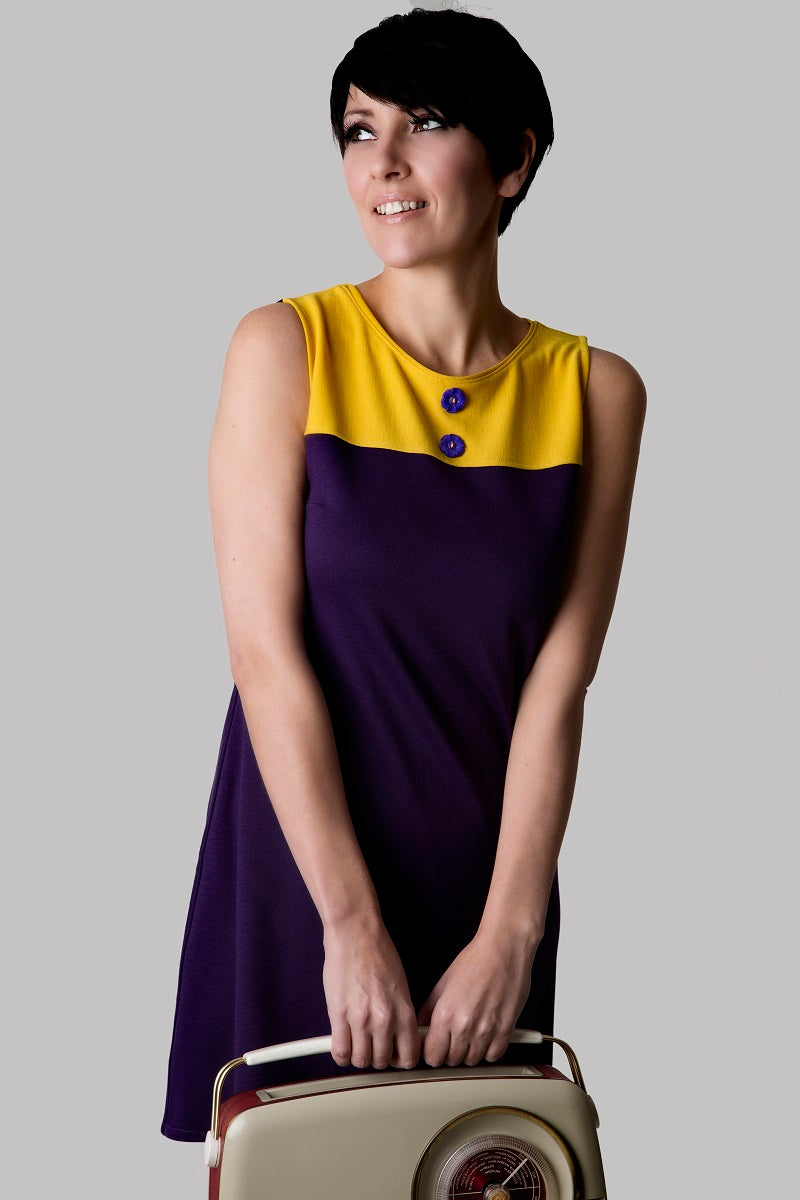 Ladies Retro Purple and Mustard Dusty Mod Dress