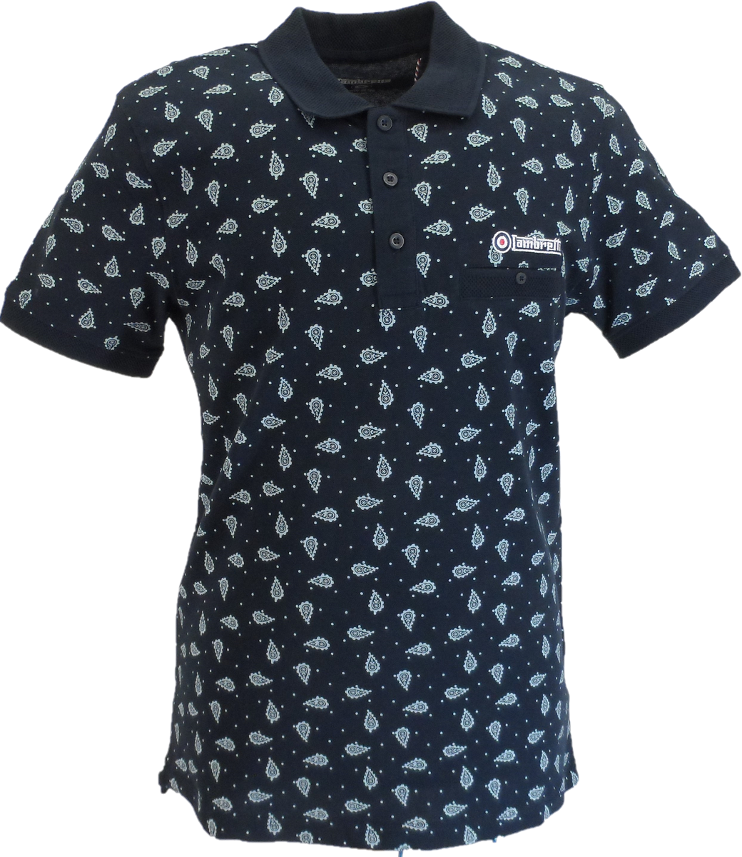 Lambretta Navy/Sky Paisley Print Cotton Polo Shirts