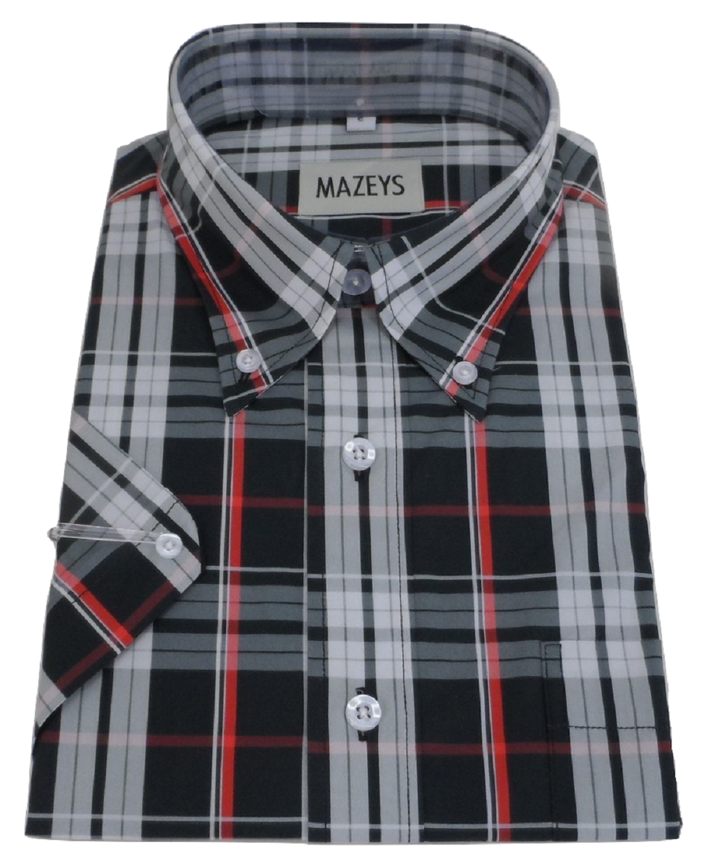 Mazeys Mens Black/Grey/Red Checked 100% Cotton Short Sleeved Shirts