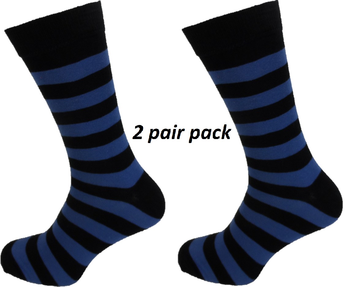 Mens 2 Pair Pack Black/Blue Striped Retro Socks