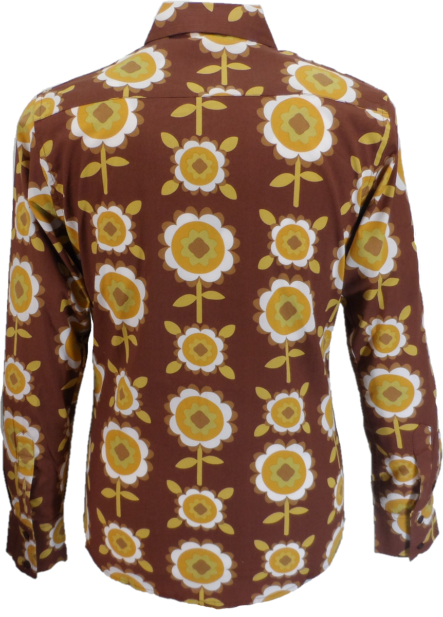 Run & Fly Mens 60s 70s Retro Psychedelic Brown Flowered Shirt